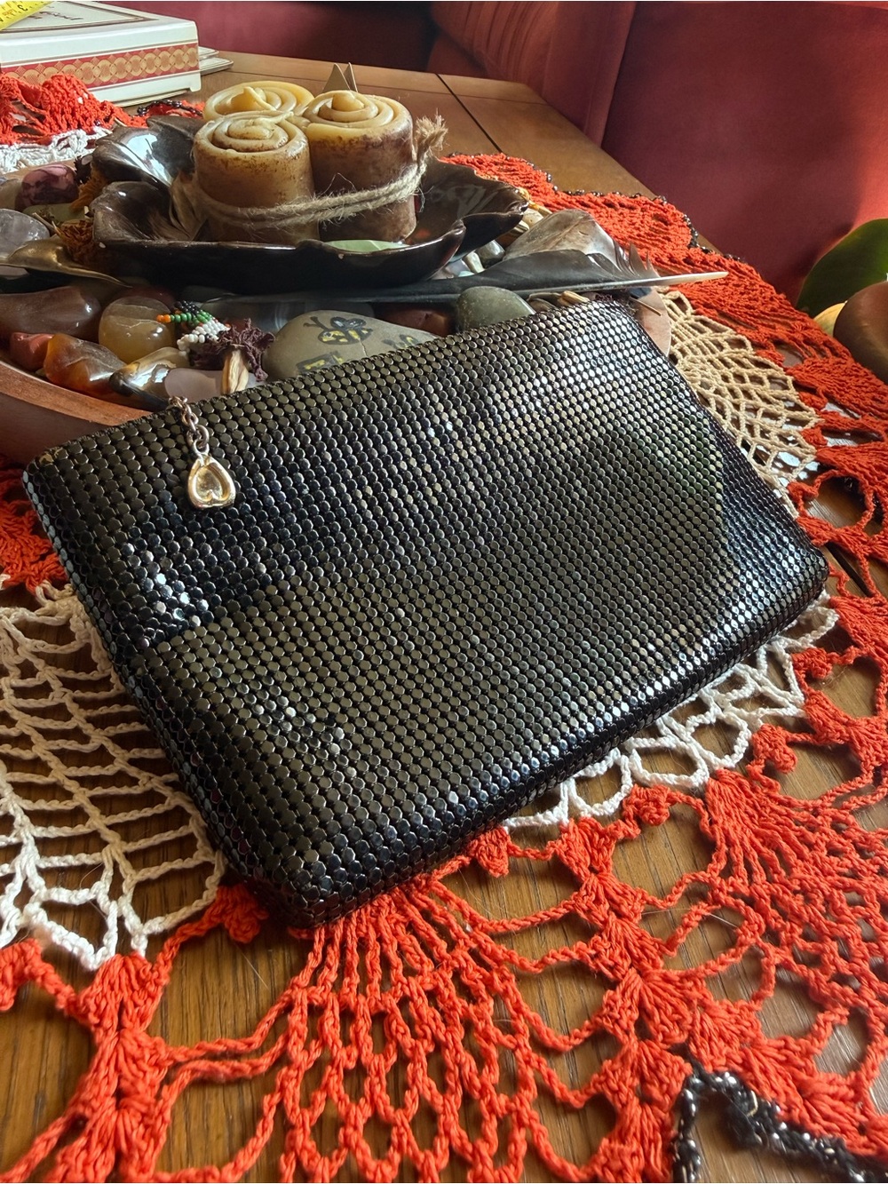 Vintage 1980s Whiting & Davis Black Metal Mesh Evening Clutch Purse